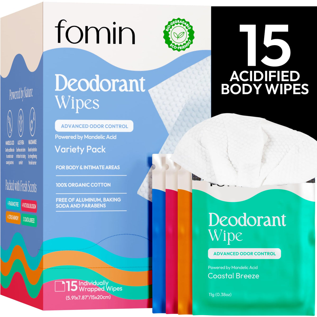 FOMIN acidified travel deodorant wipes packaging illustrating eco-friendly travel solution