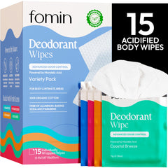 FOMIN acidified travel deodorant wipes packaging illustrating eco-friendly travel solution