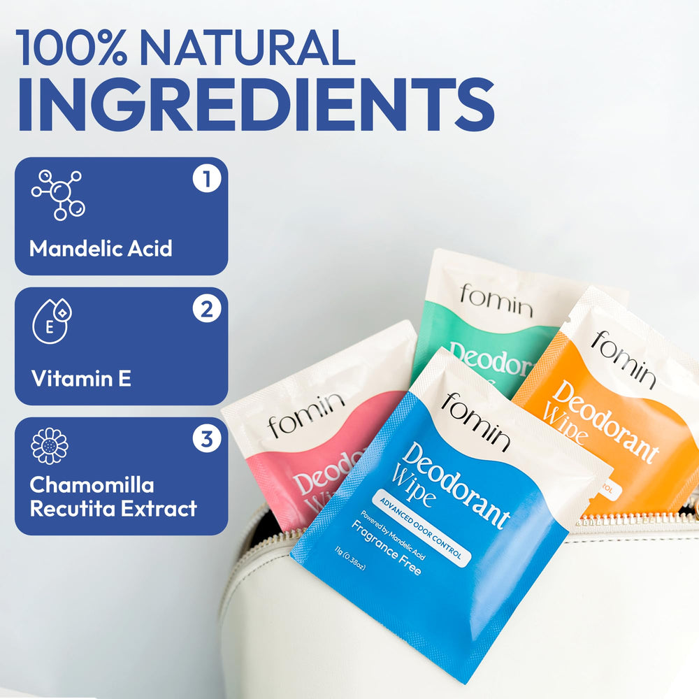 FOMIN acidified travel deodorant wipes in purse or gym bag for instant refresh