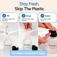 Envase FOMIN con empaque reciclable y compostable para cuidado sostenible.