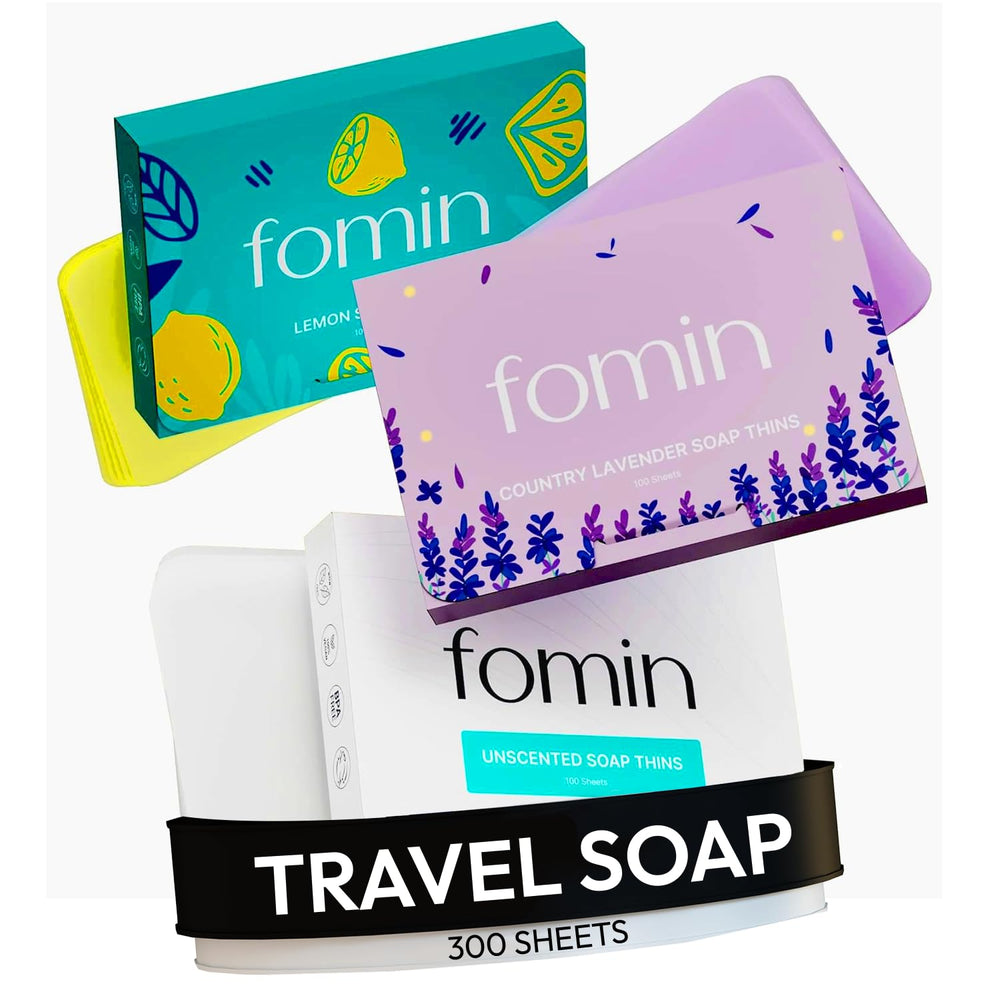 Hojas de jabón antibacterial FOMIN limón listas para viajar y limpiar manos.