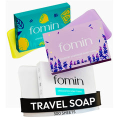 Hojas de jabón antibacterial FOMIN limón listas para viajar y limpiar manos.