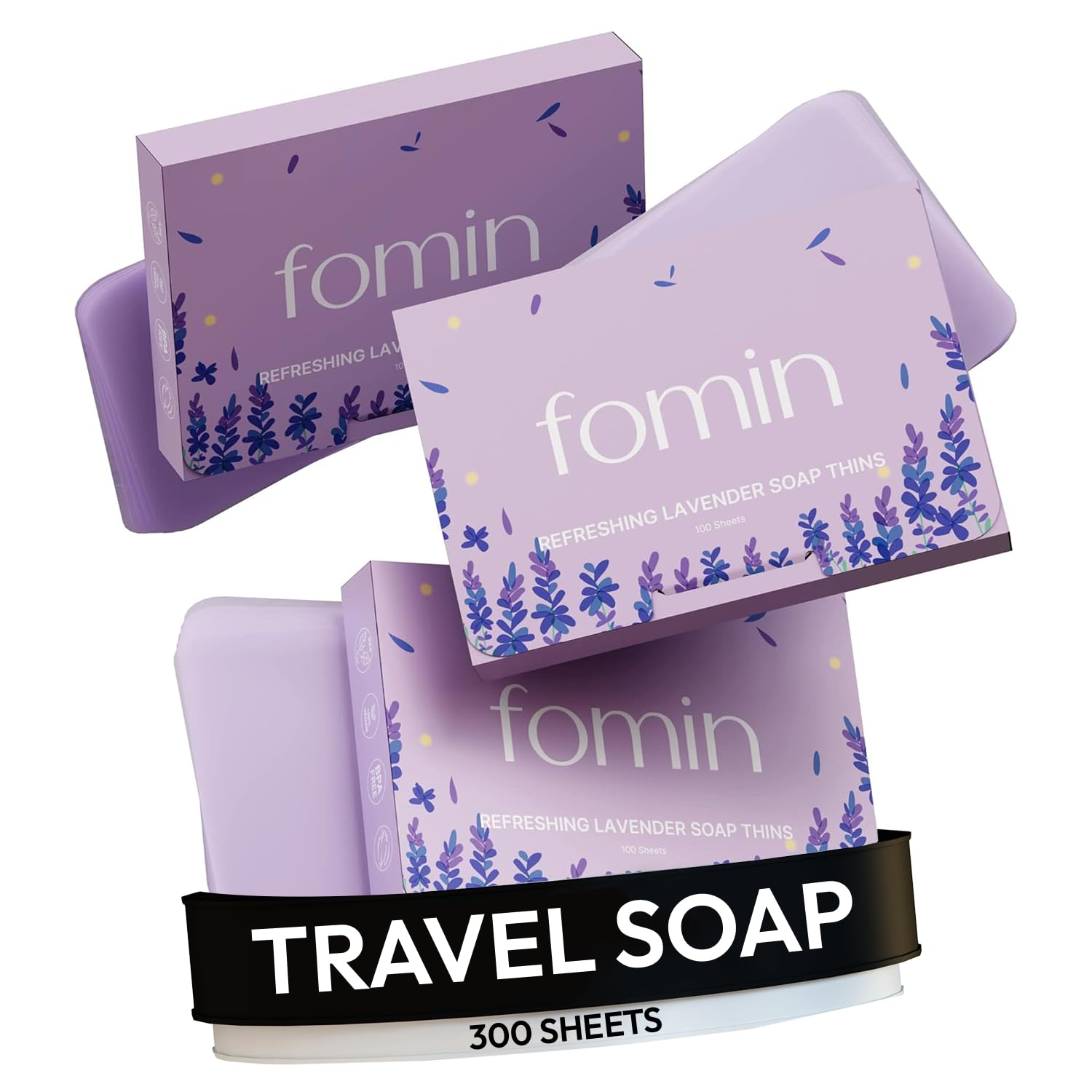 FOMIN jabón en papel antibacteriano lavanda, 300 hojas para viajar.