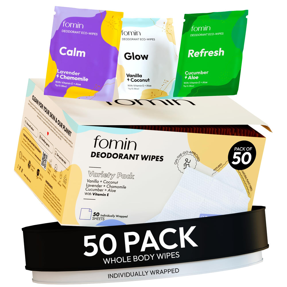 Toallitas desodorantes FOMIN para viaje con empaque de 50 unidades, ideal para viajar.