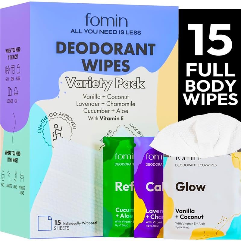 FOMIN Travel Deodorant Wipes 15-count variety pack for on-the-go freshness