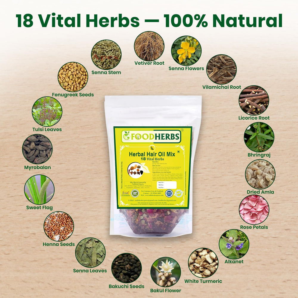 Foodherbs 18 Ayurvedic herbs mix provides nourishing scalp care.