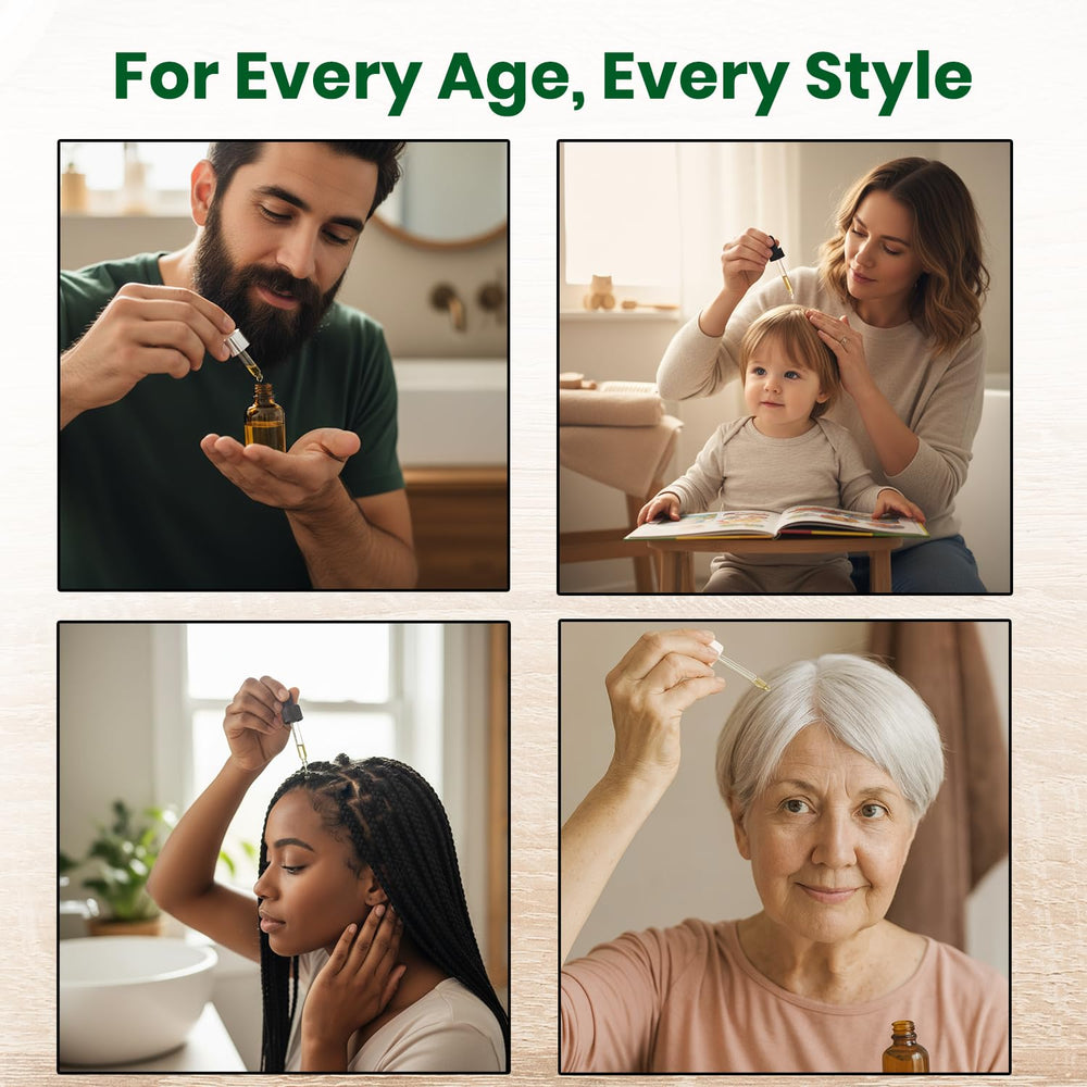 Foodherbs applying oil to scalp demonstrates easy massage for nourishment.