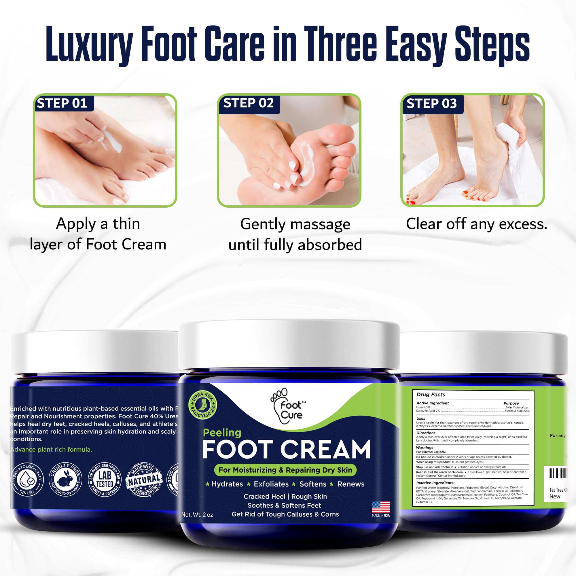 FOOT CURE crema de pies, uso diario para pies hidratados y saludables.