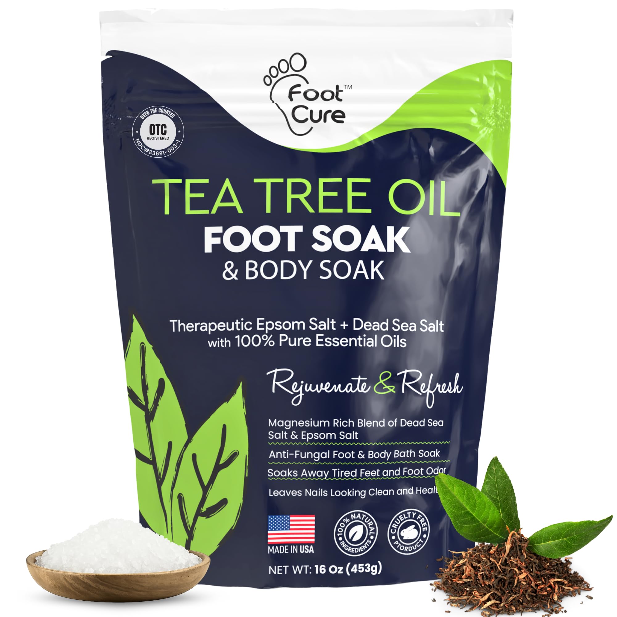 Foot Cure remojo de pies en botella con te de árbol de té para spa en casa.