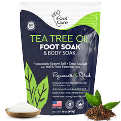 Foot Cure remojo de pies en botella con te de árbol de té para spa en casa.
