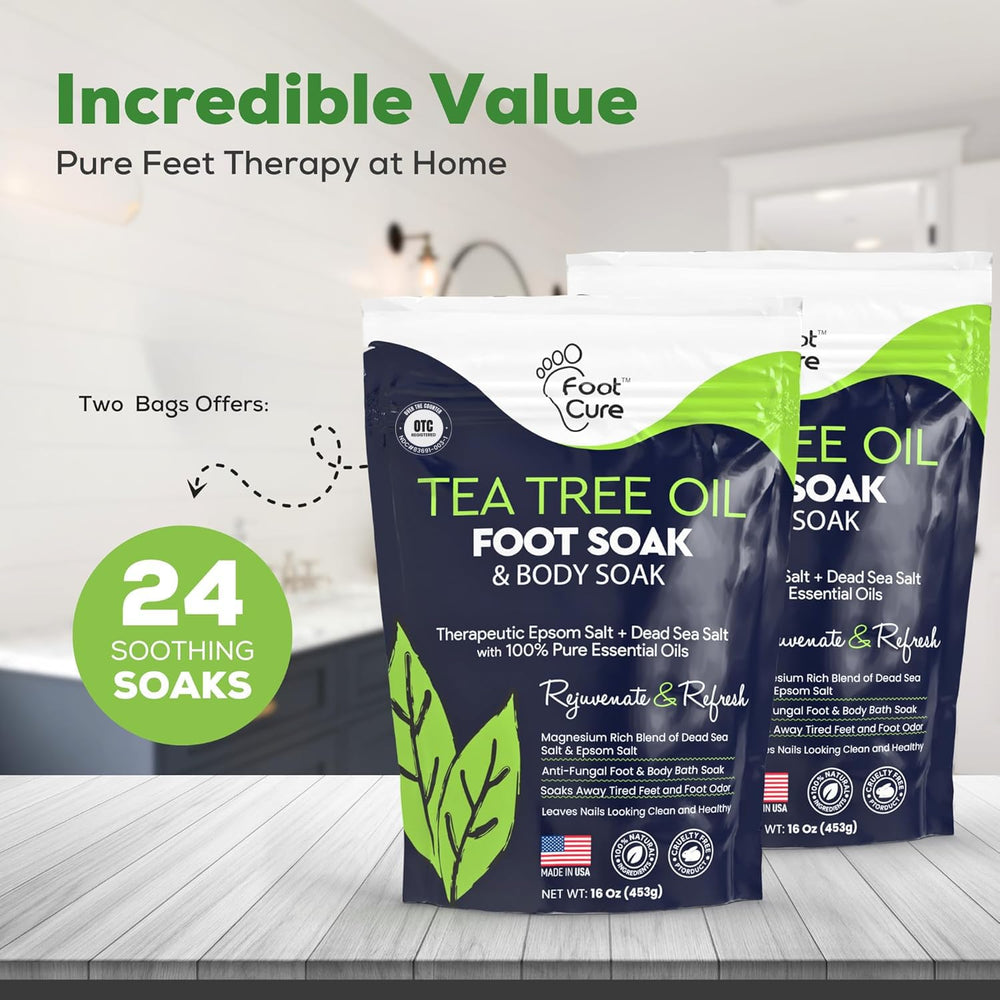 FOOT CURE Tea Tree Oil Foot Soak blend with Epsom salt supports soft feet and calmness.