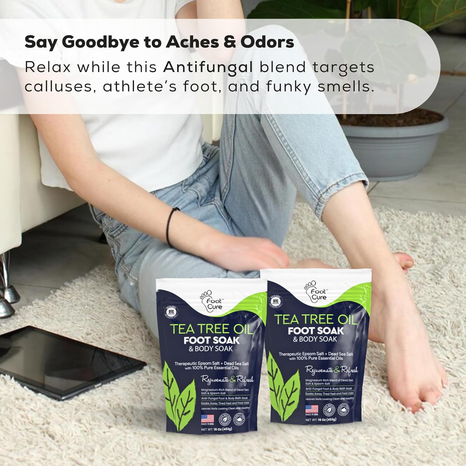 FOOT CURE Tea Tree Oil Foot Soak setup encourages foot care after workouts.