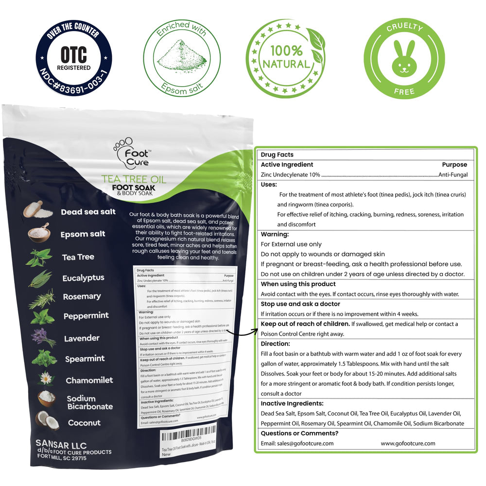 FOOT CURE Tea Tree Oil Foot Soak packaging highlights spa-like bath salts for soothing relief.