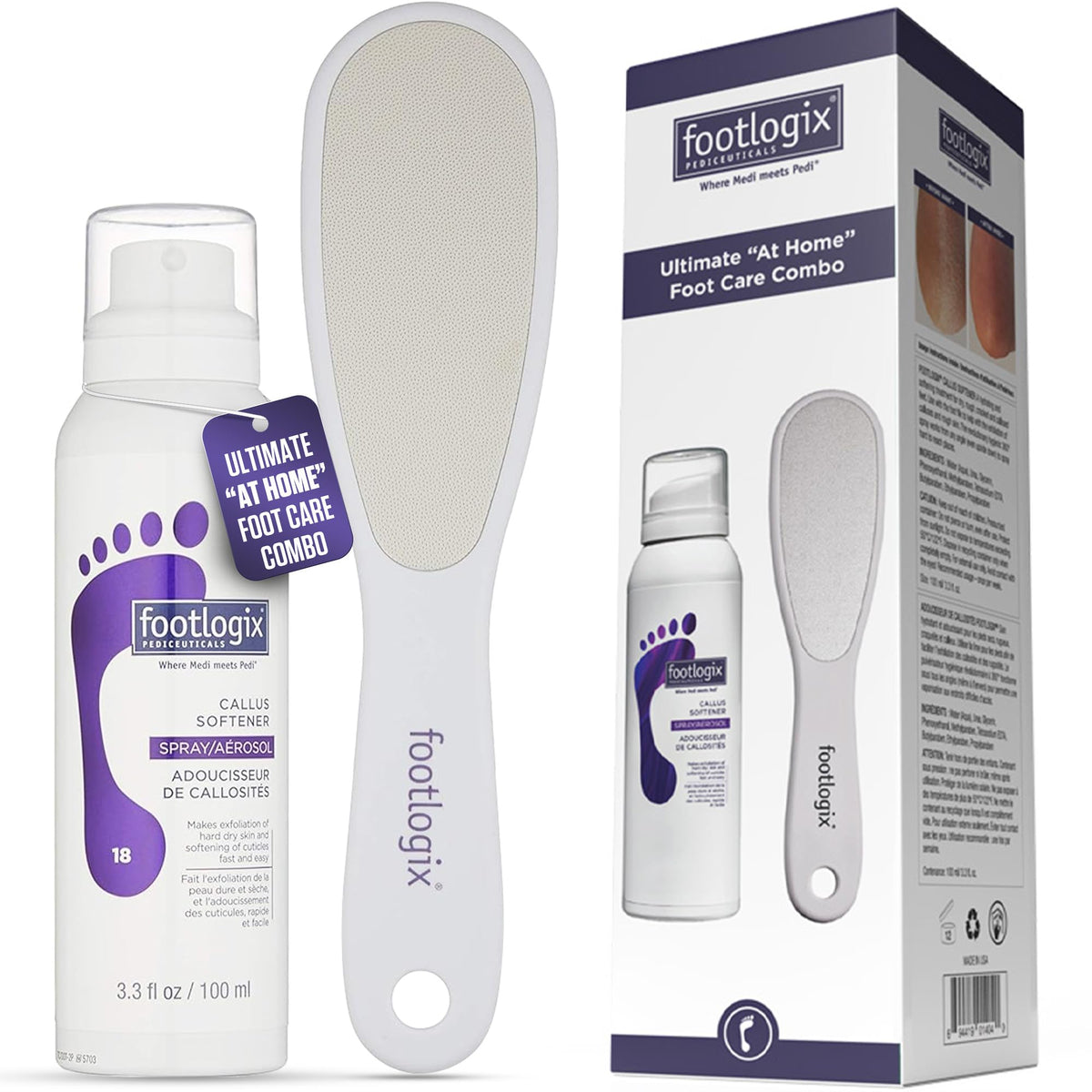 Footlogix Callus Softener spray bottle ready to hydrate rough skin and prep for removal.