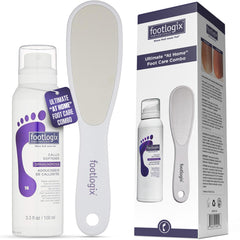 Footlogix Callus Softener spray bottle ready to hydrate rough skin and prep for removal.