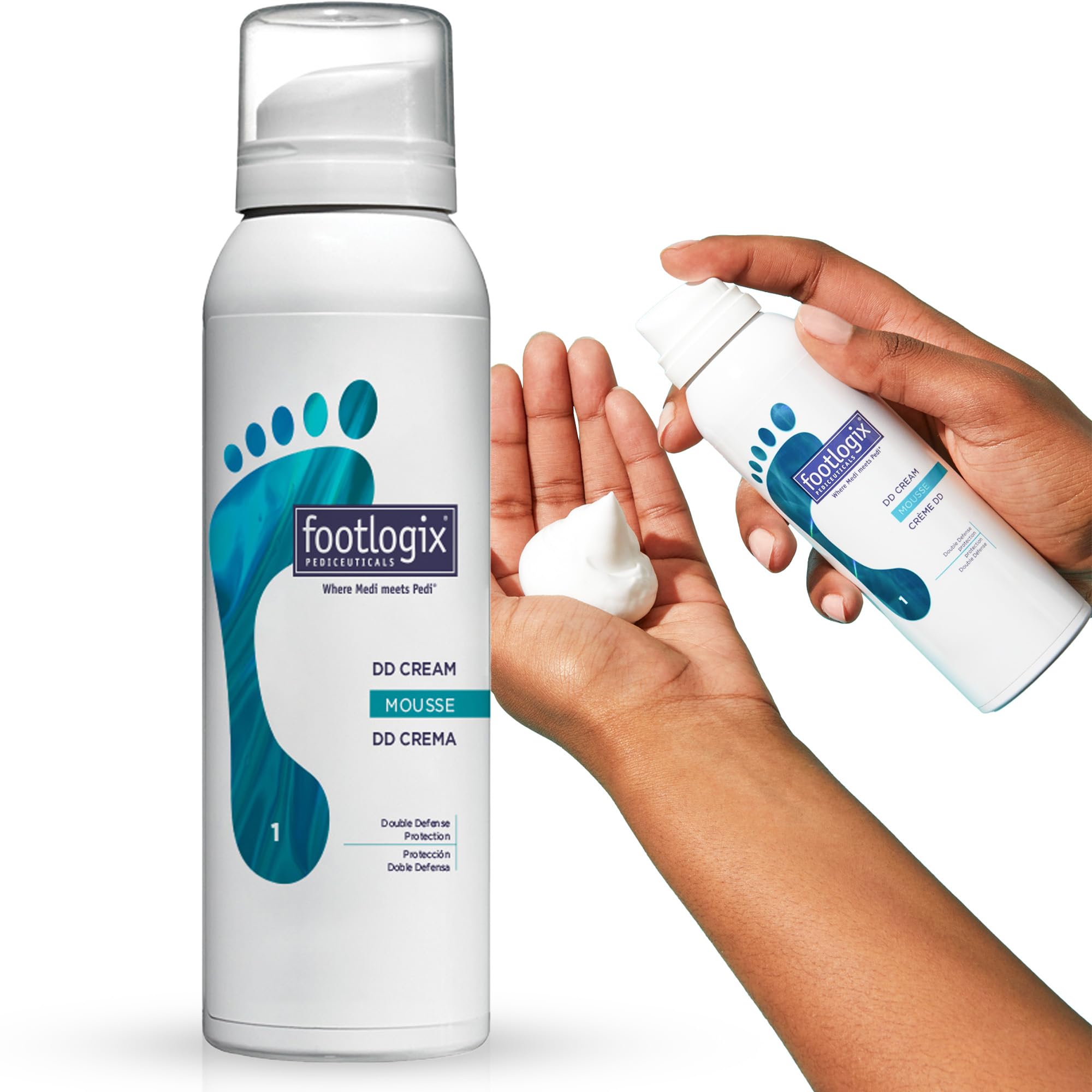 Footlogix DD Cream Mousse bottle demonstrates lightweight hydration for dry, irritated feet.
