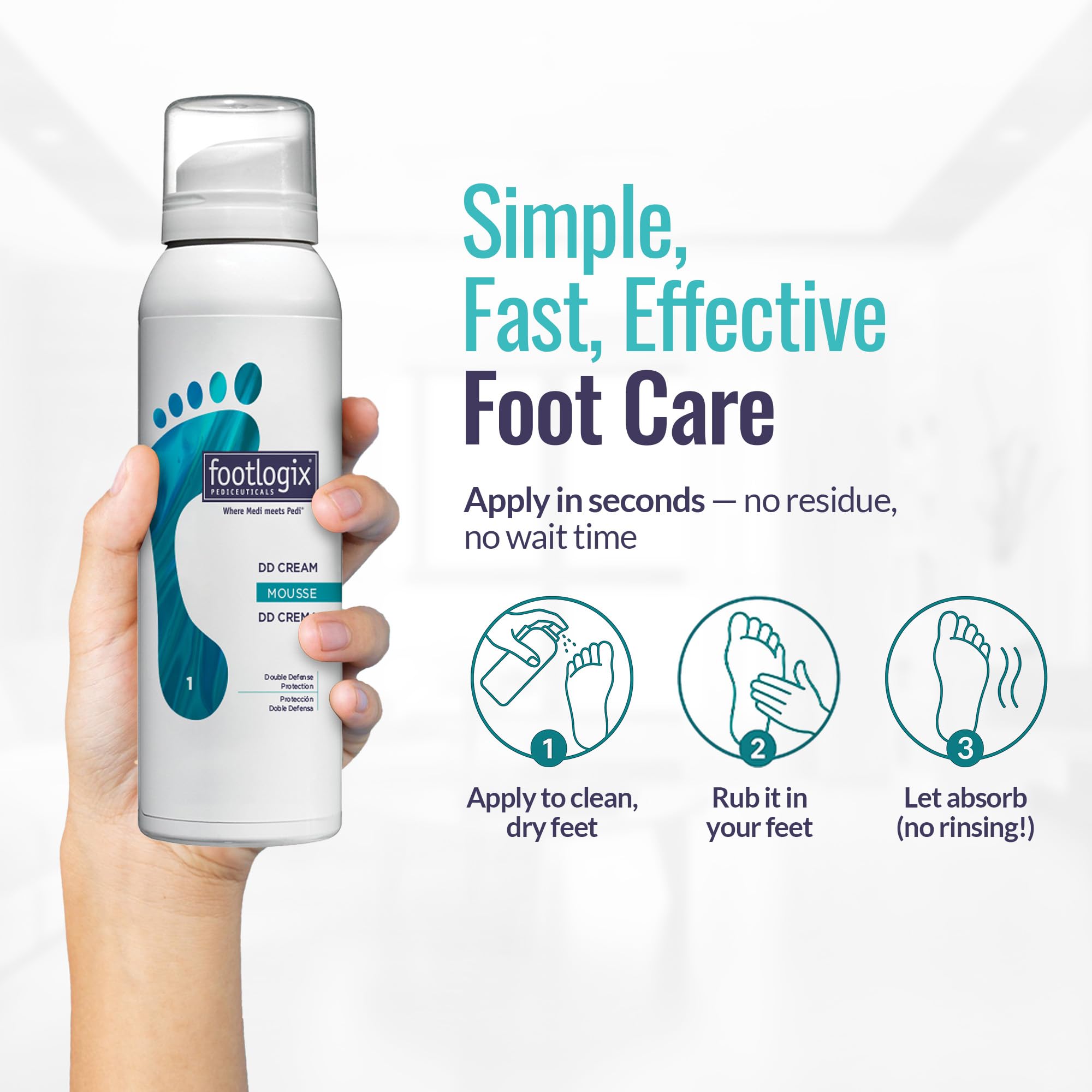 Footlogix DD Cream Mousse on foot, quick-absorbing moisture for daily care.