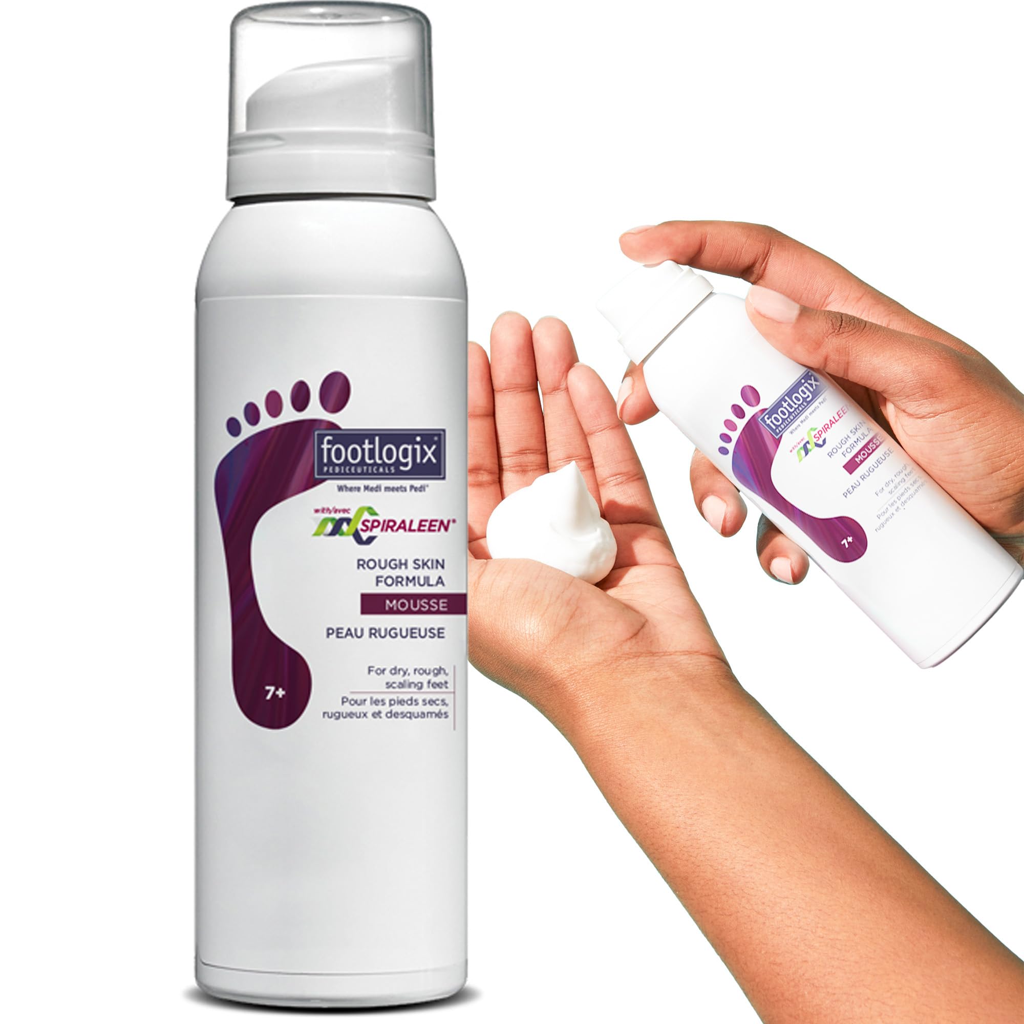 Footlogix Rough Skin Formula bottle shows Spiraleen action for deeper hydration and barrier support.