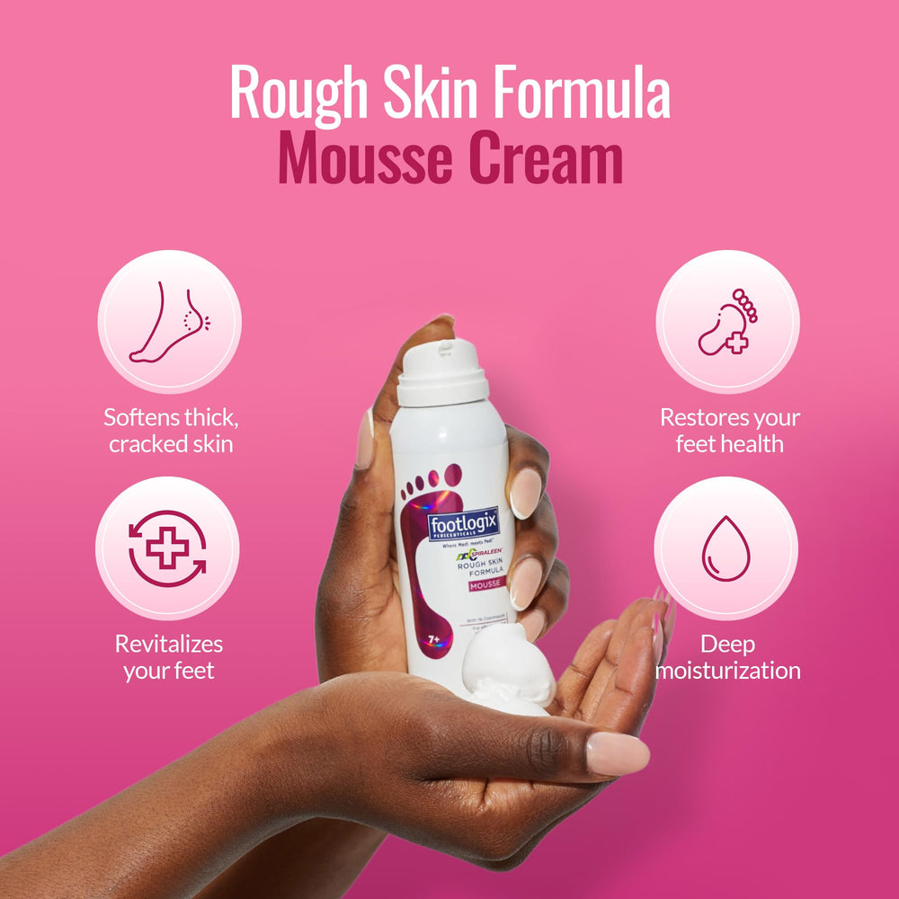 Footlogix Rough Skin Formula mousse texture highlights quick absorption and non-greasy feel.