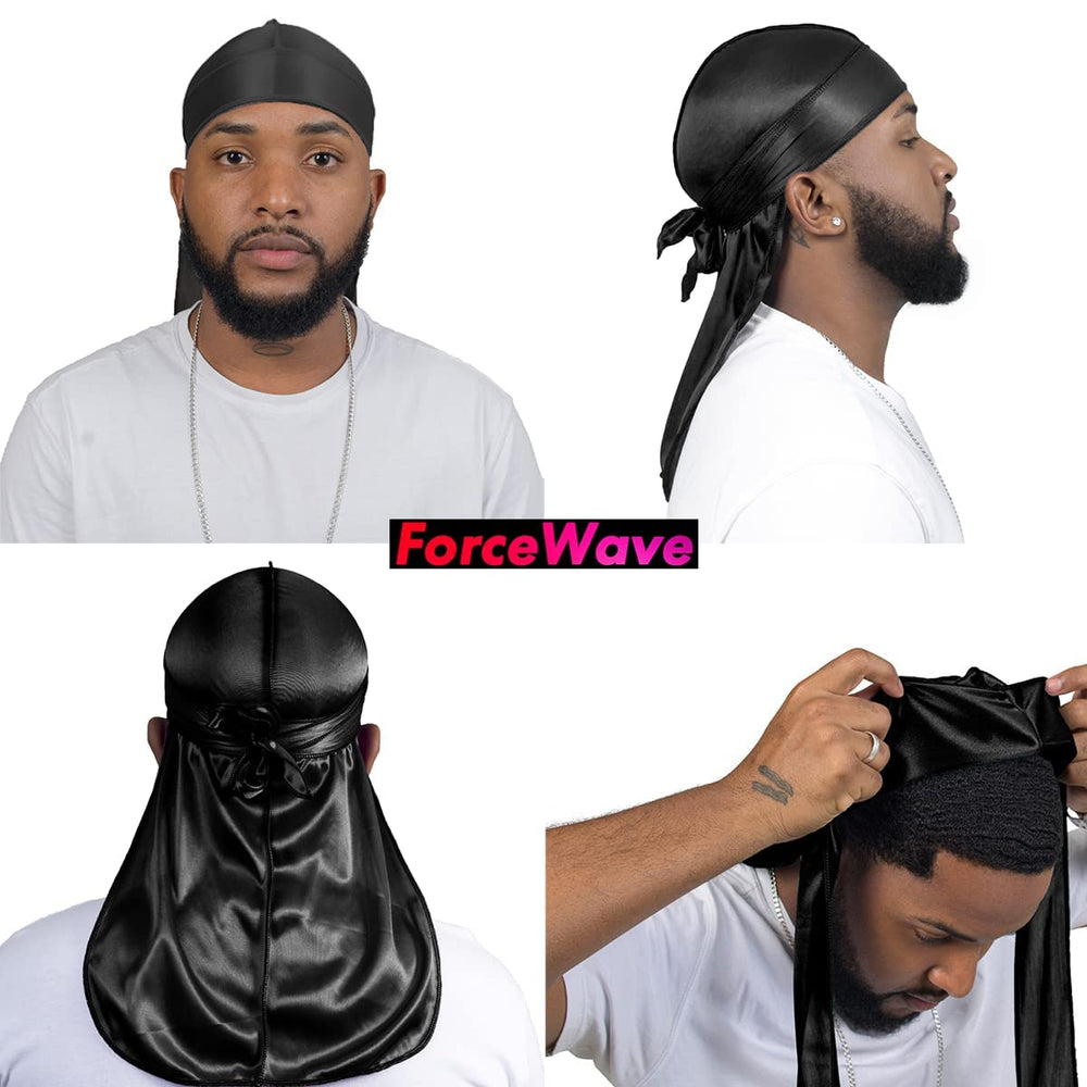 ForceWave durag negro con correa anti-deslizante asegura peinado estable.