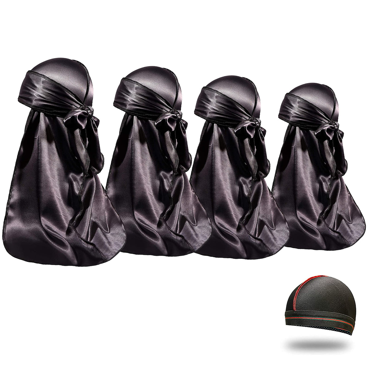 El durag de satén ForceWave negro muestra una textura lujosa que mantiene el cabello hidratado.
