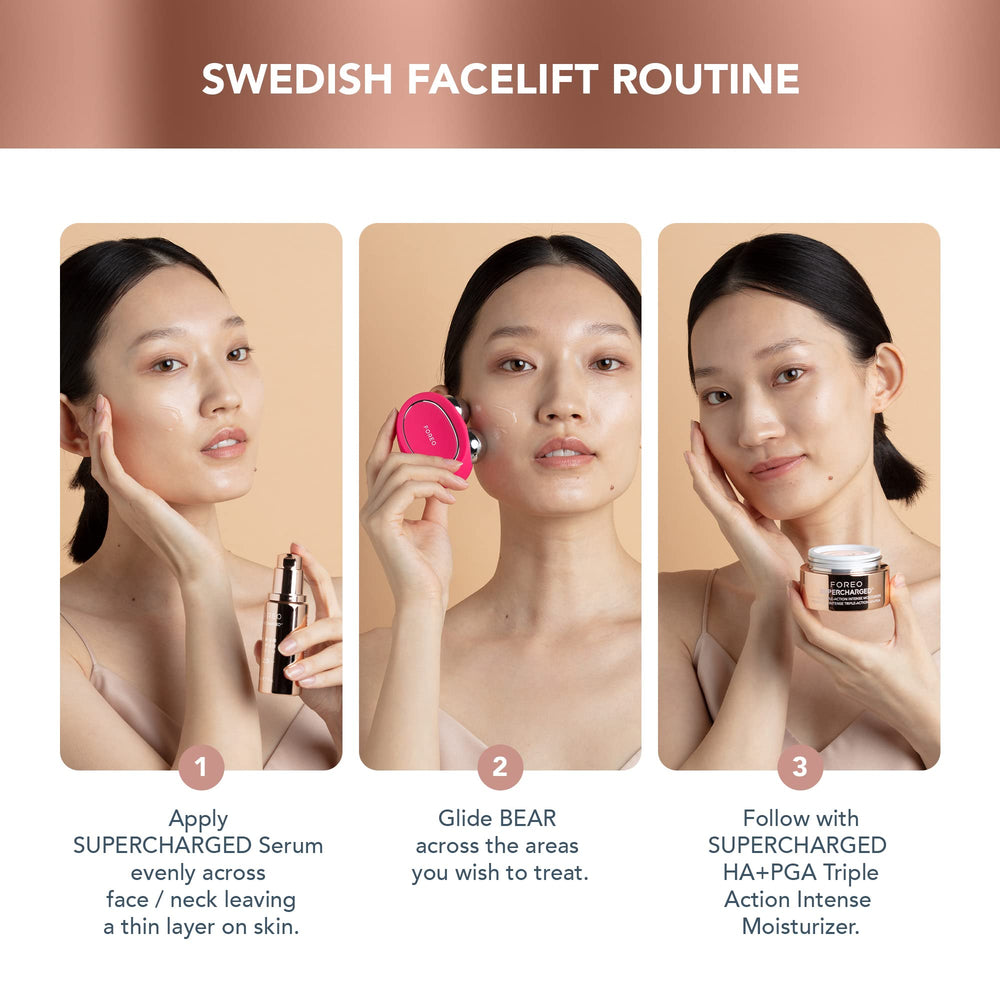 FOREO Supercharged Serum 2.0 electrolyte blend emphasizes conductivity for devices.