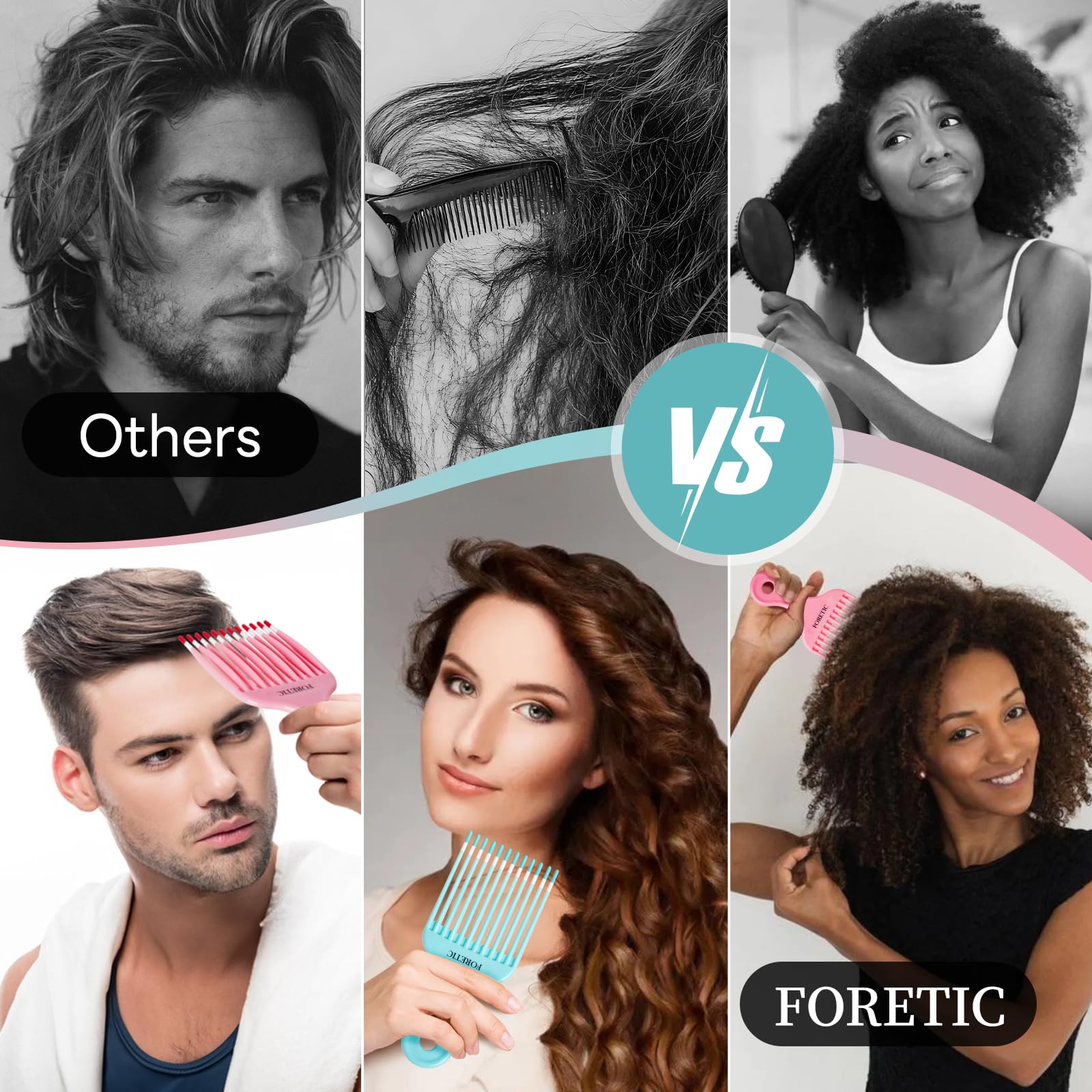 Foretic wide-tooth design supports smooth glide through thick hair.