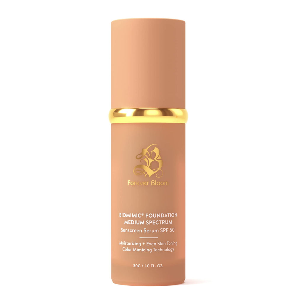 Forever Bloom Bio Mimic Foundation bottle pump showing easy application and coverage