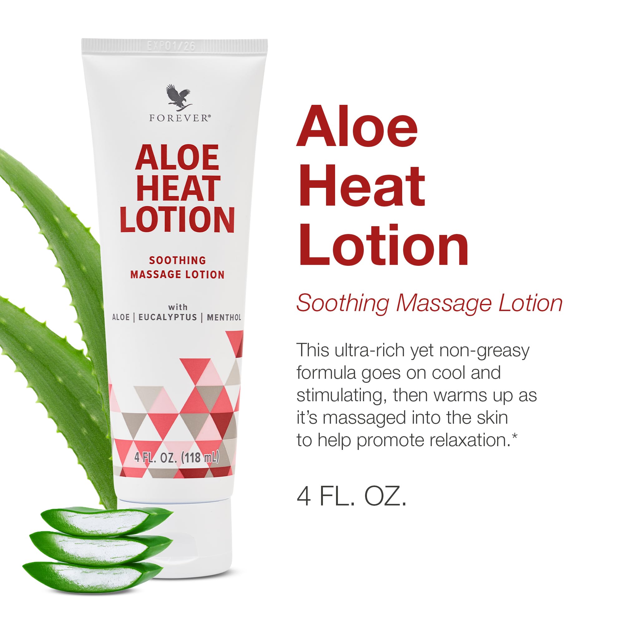 Forever Living Aloe Heat Lotion: textura cremosa ideal para masajes y cuidado de la piel.