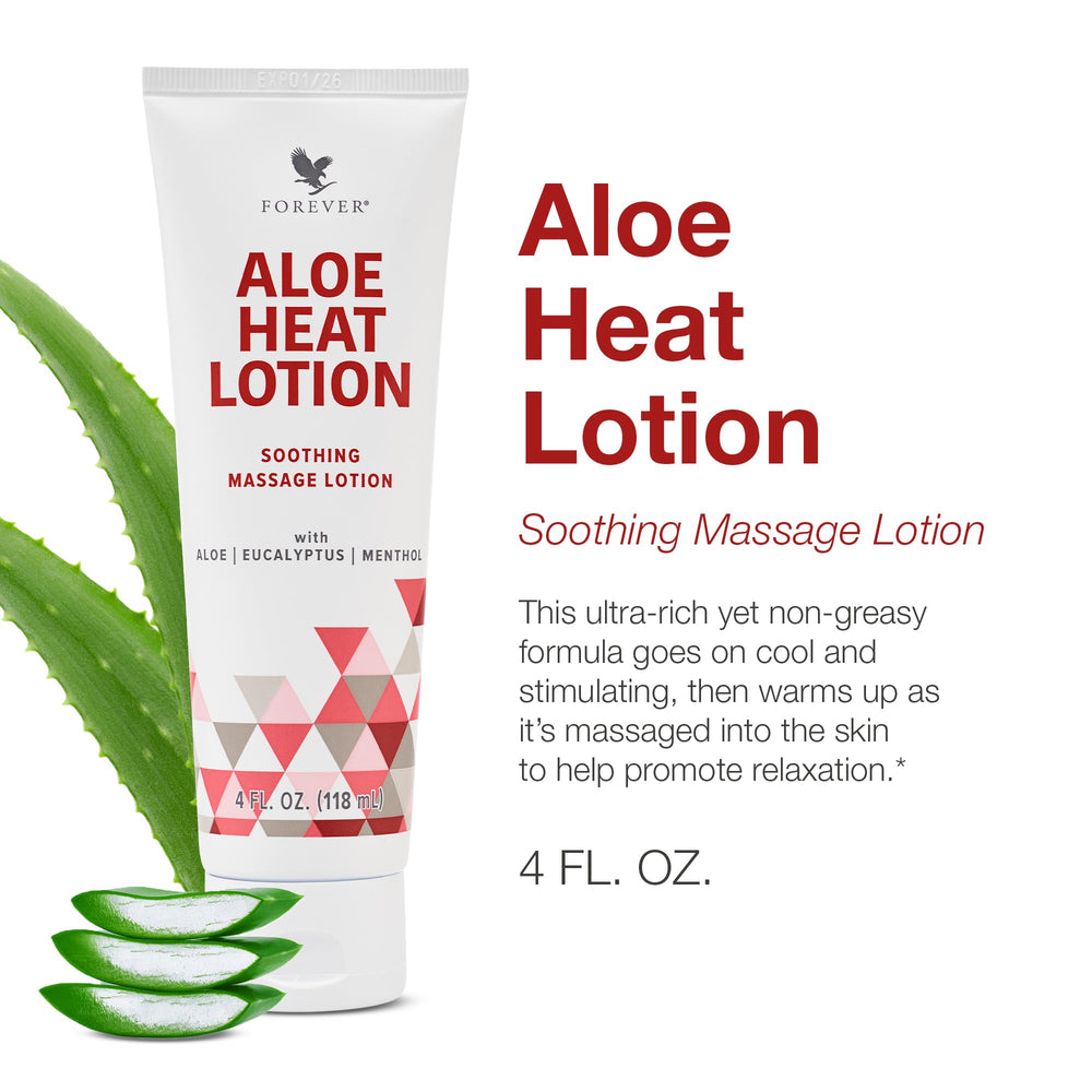 Forever Living Aloe Heat Lotion: textura cremosa ideal para masajes y cuidado de la piel.