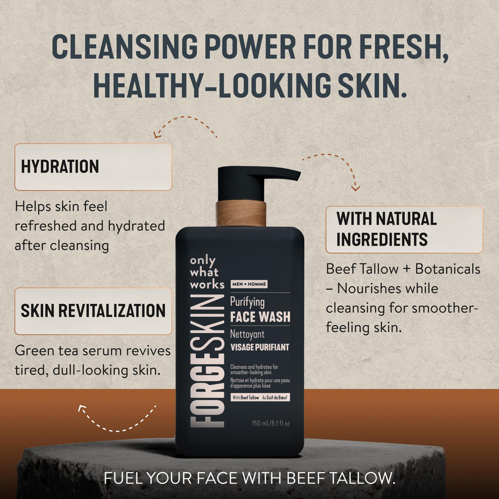 Forge Skin Beef Tallow Face Wash ingredients scene highlights grass-fed tallow and aloe.