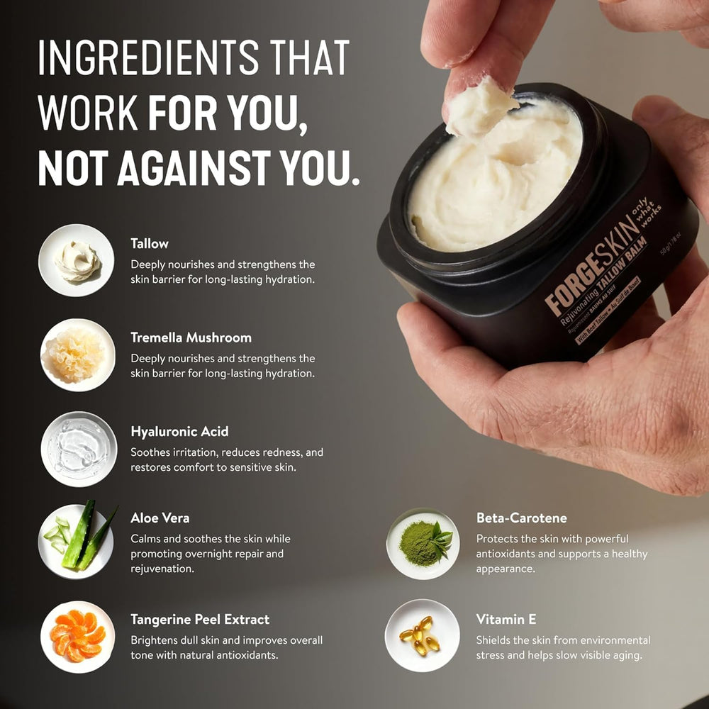 Close-up of Forge Skin Wrinkle Defense Balm ingredients with collagen and essential oils