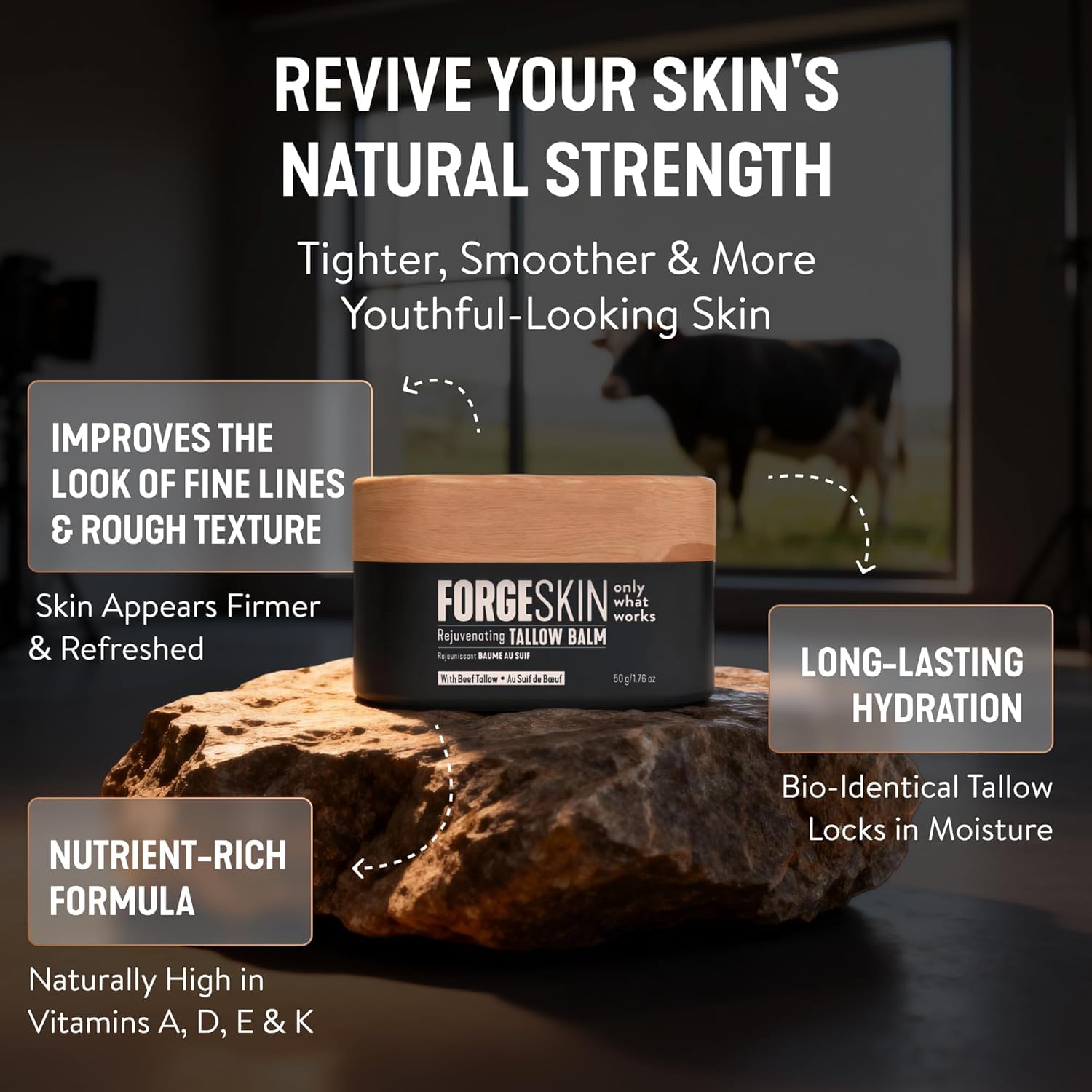 Forge Skin Wrinkle Defense Balm packaging highlights organic components