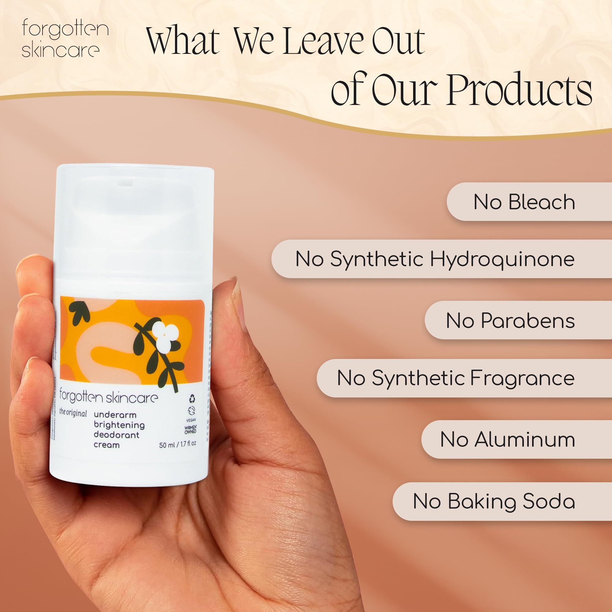 Vegan and cruelty-free badge on Forgotten Skincare underarm brightening cream