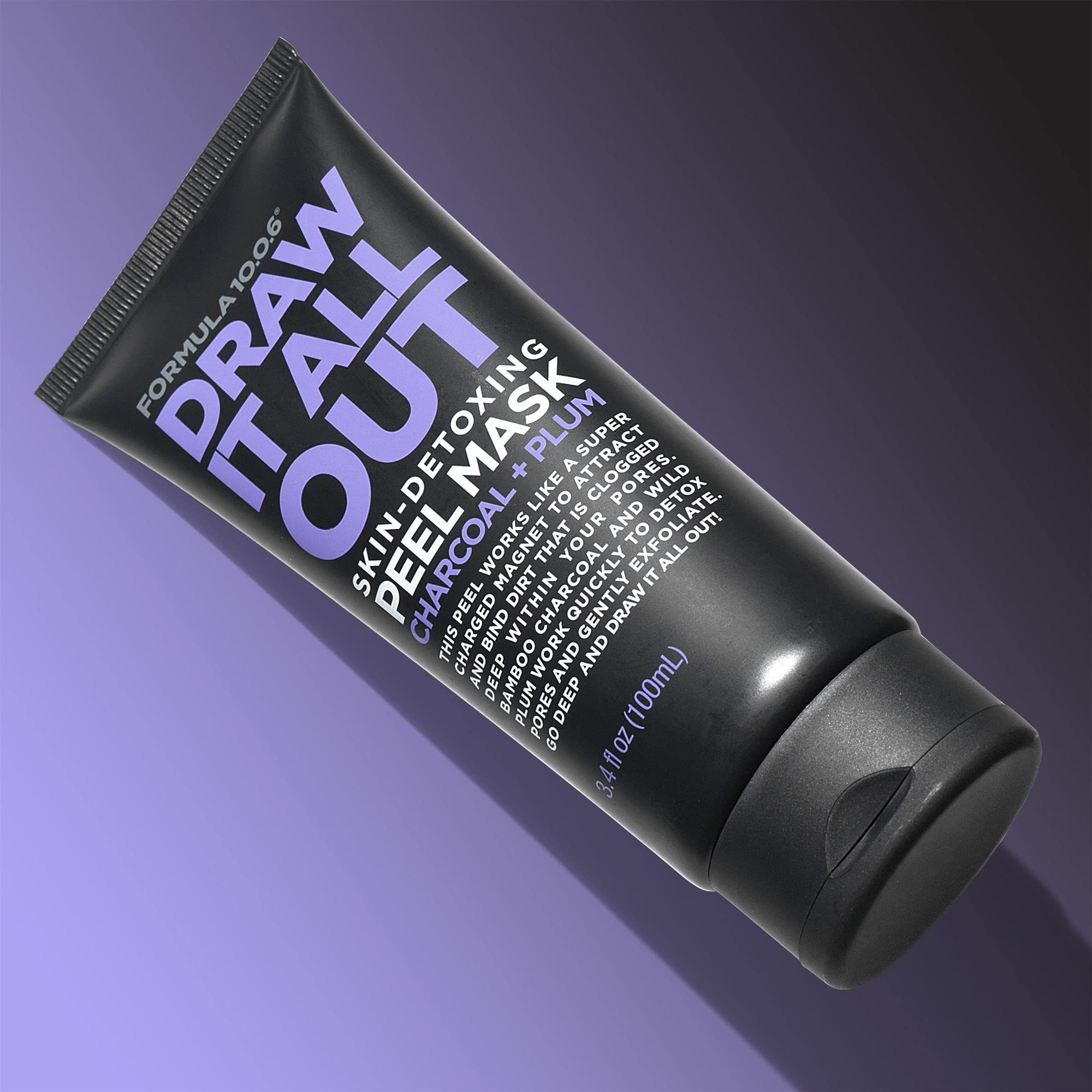 FORMULA 10.0.6 Draw It All Out charcoal mask on skin helps control oil.