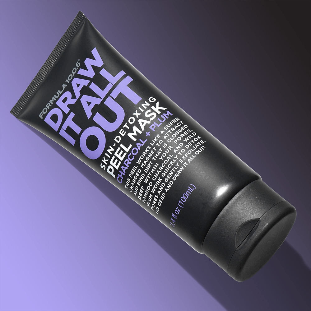 FORMULA 10.0.6 Draw It All Out charcoal mask on skin helps control oil.
