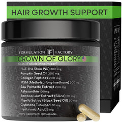 Formulation Factory Crown of Glory bottle pour showing daily-use routine for potential hair support
