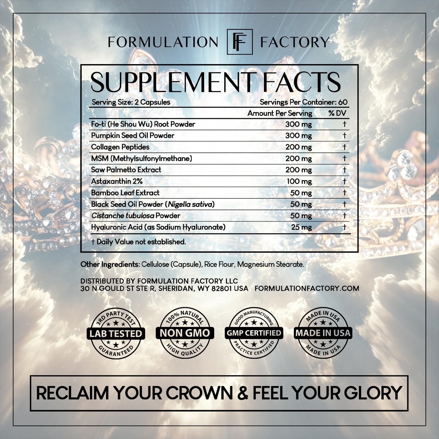 Formulation Factory Crown of Glory saw-palmetto-extract closeup highlights classic hair-care ingredients