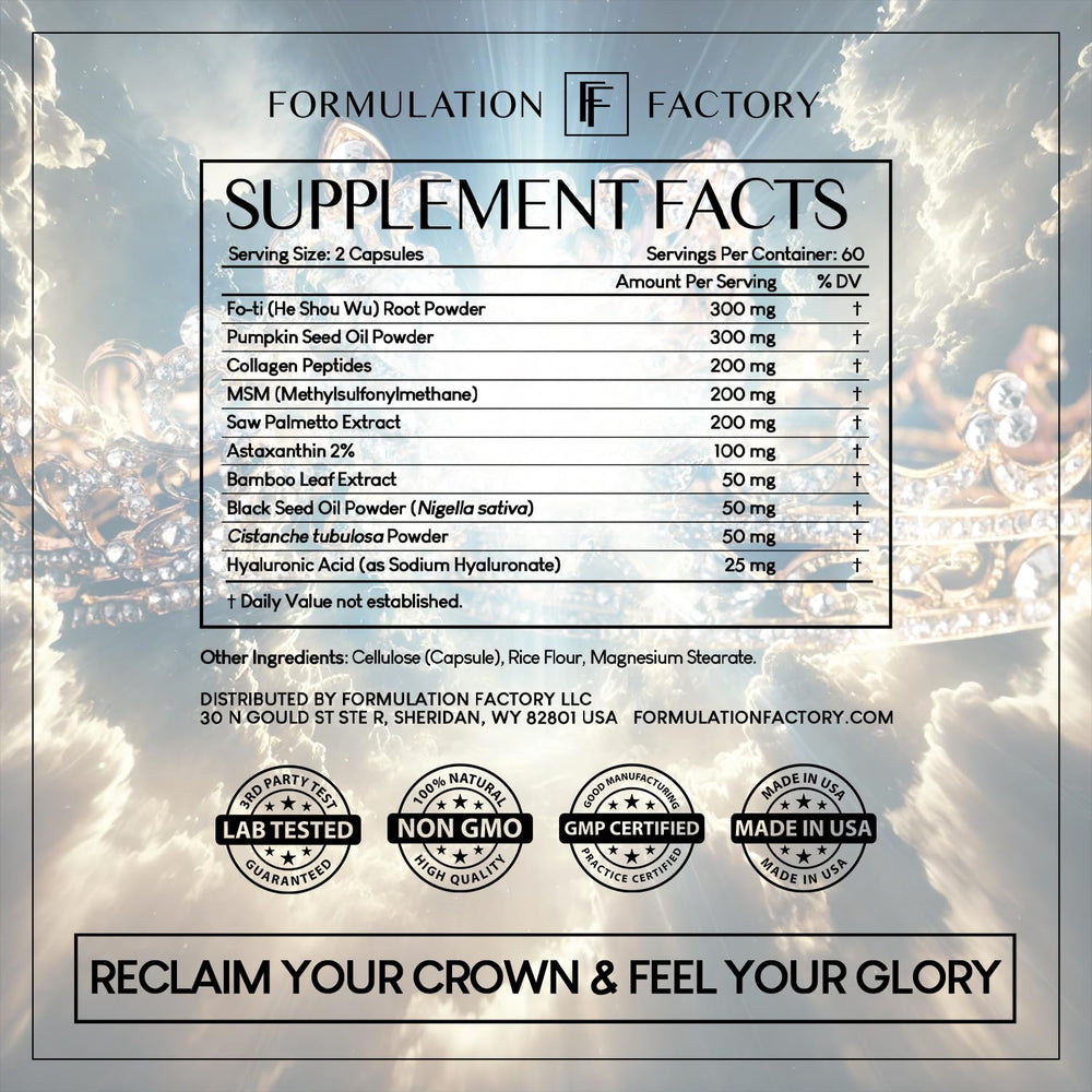 Formulation Factory Crown of Glory saw-palmetto-extract closeup highlights classic hair-care ingredients
