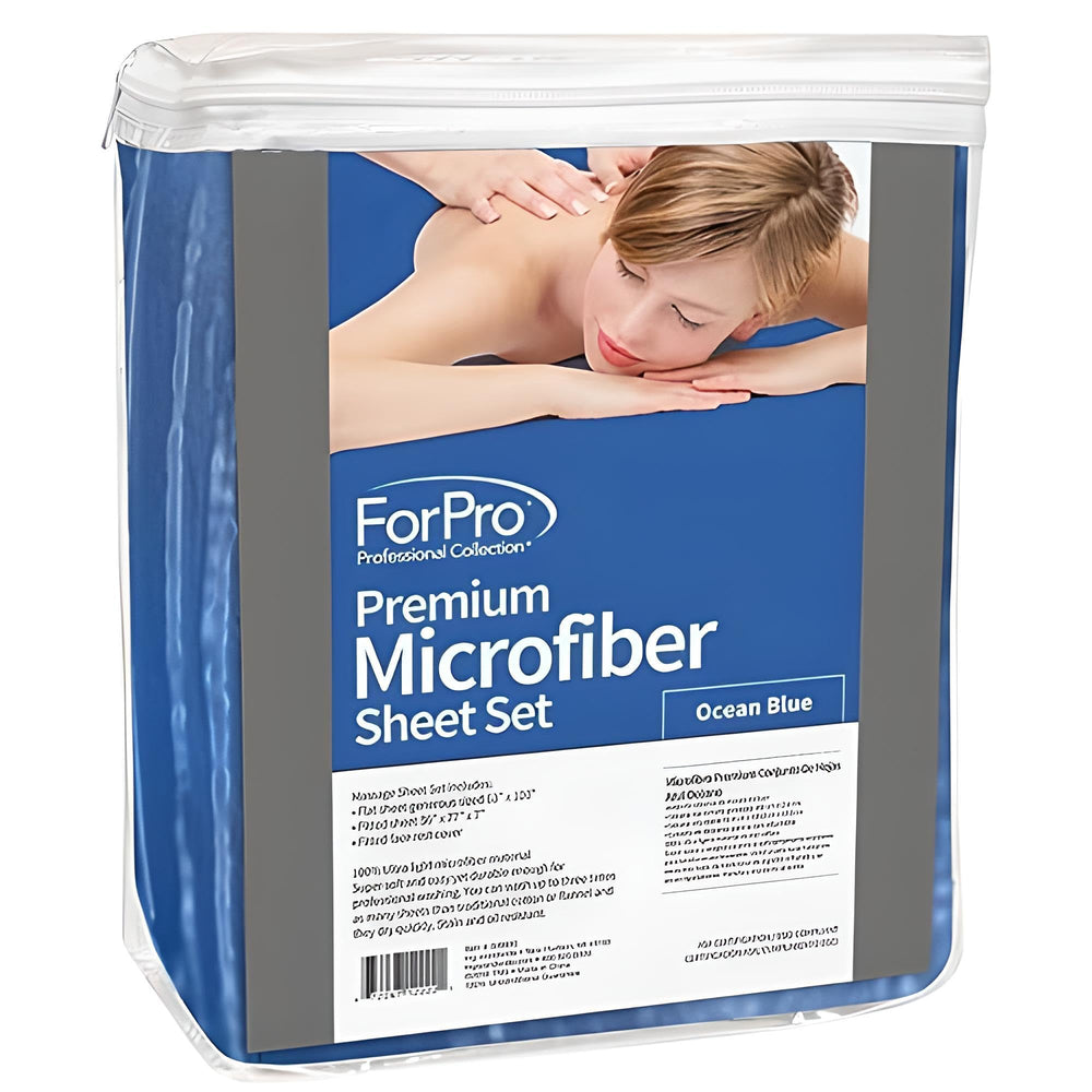 Packaged ForPro Ocean Blue 3-piece massage sheet set ready for studio use