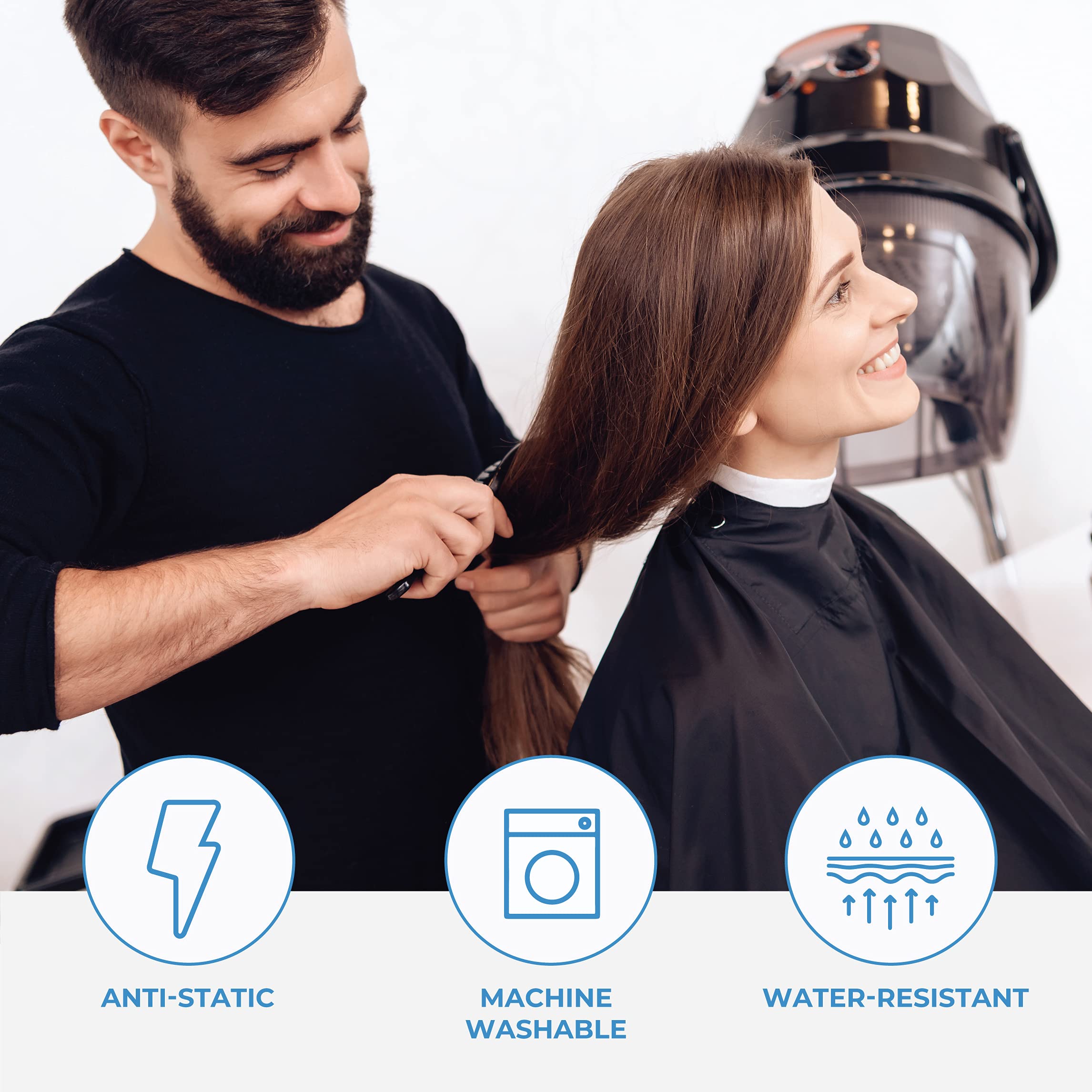 ForPro Poly Chemical Cape demonstrates machine washable design for busy salons.