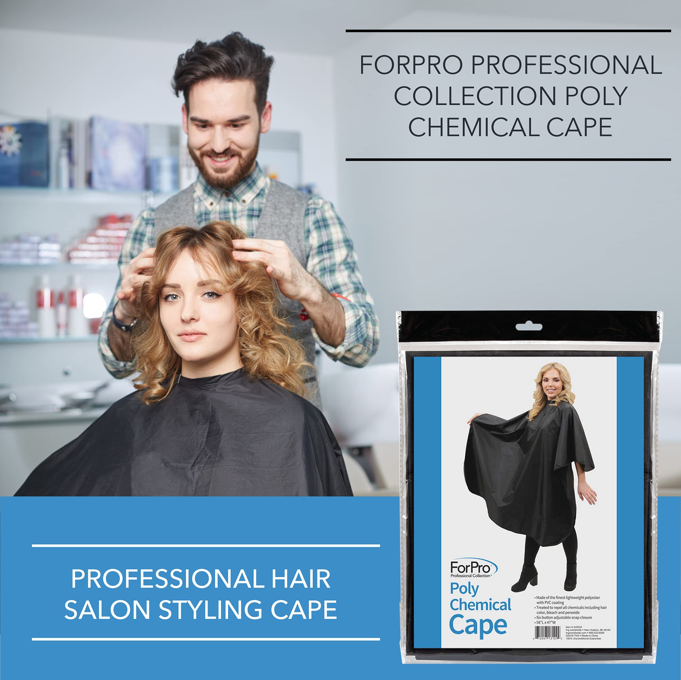 ForPro Poly Chemical Cape emphasizes water-resistant and anti-static properties.