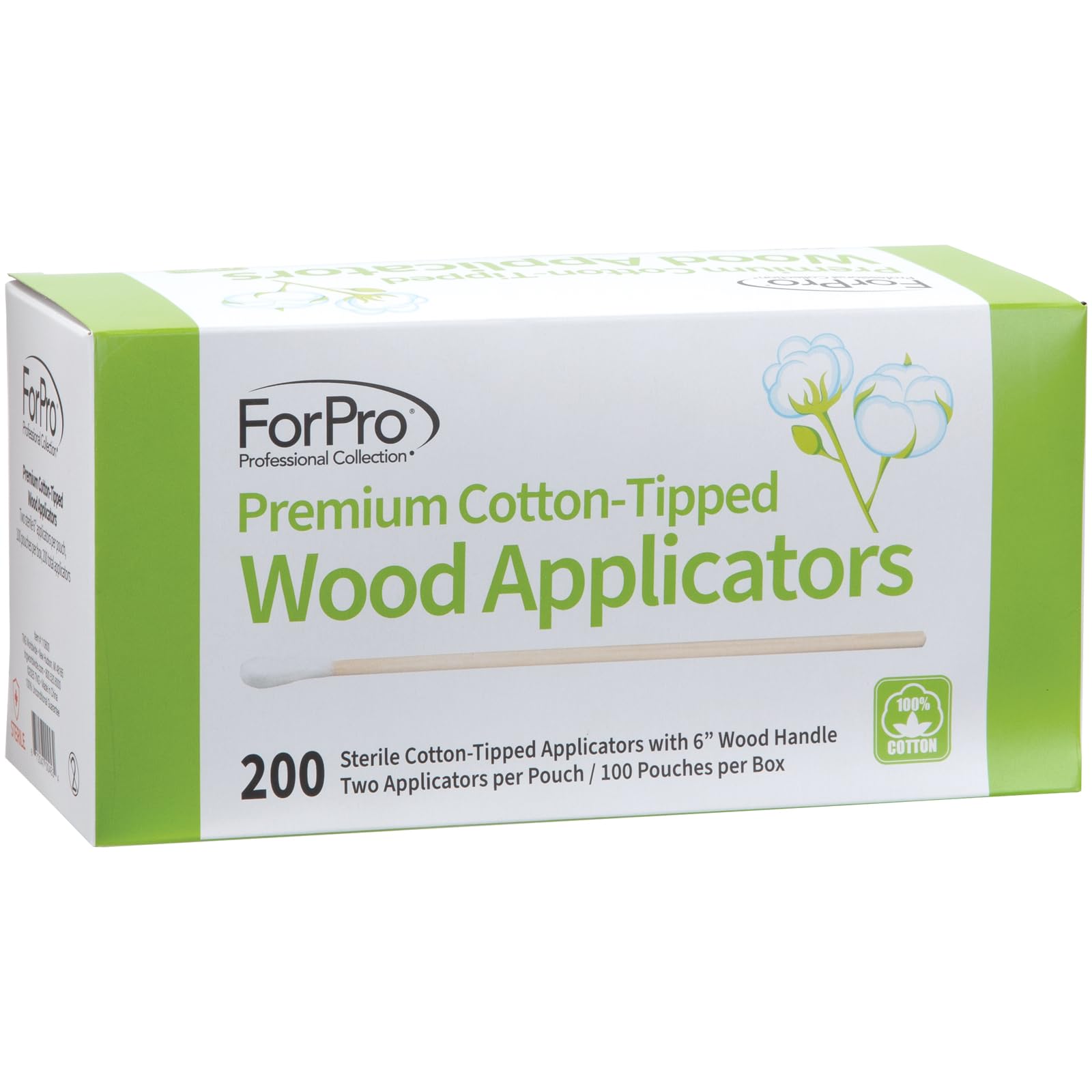 ForPro Premium cotton-tipped wood applicator packaging shown in sterile pairs.