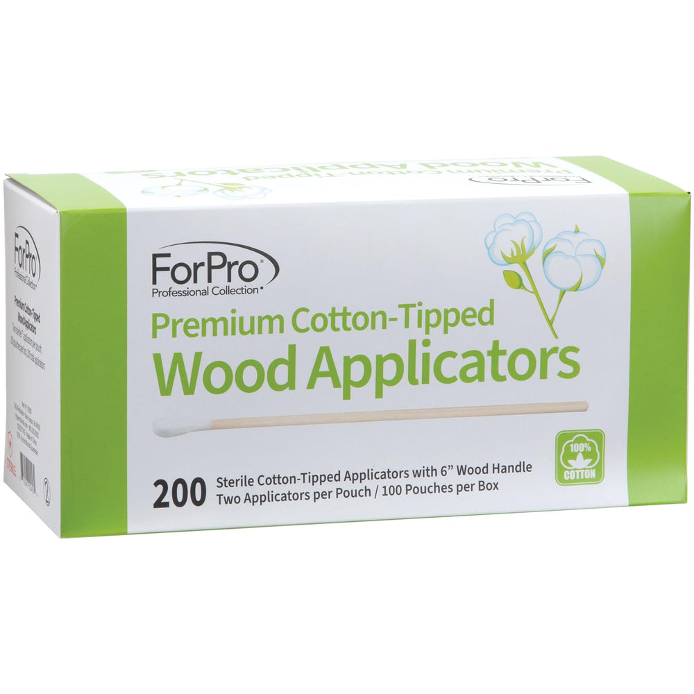 ForPro Premium cotton-tipped wood applicator packaging shown in sterile pairs.