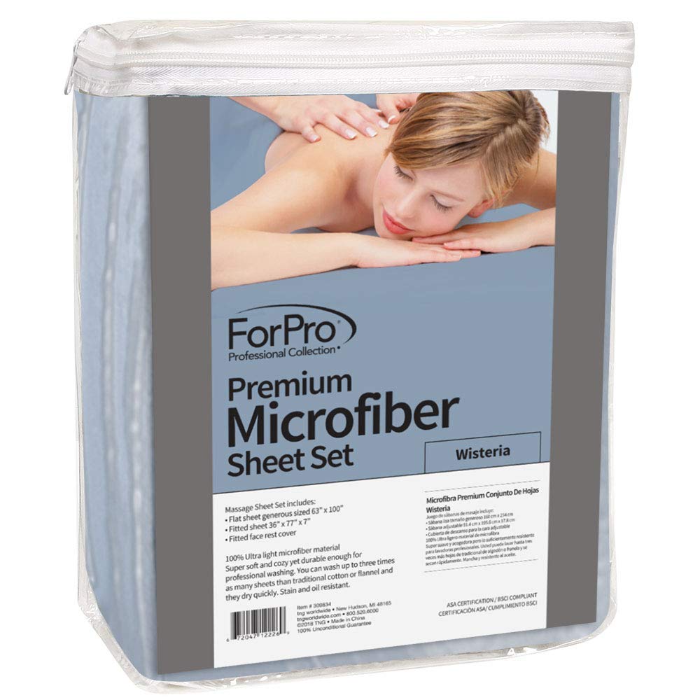 ForPro premium microfiber fitted sheet in Wisteria delivers a snug, secure fit on standard tables.
