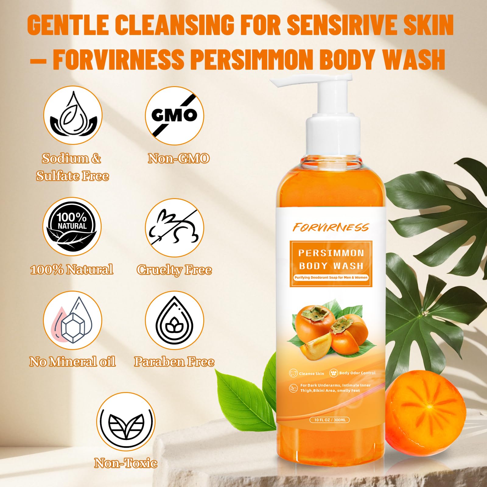 forvirness Persimmon con ingredientes naturales y árbol de té para cuidado suave.