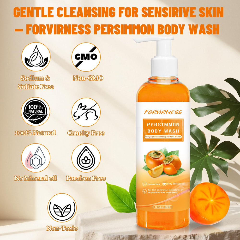 forvirness Persimmon con ingredientes naturales y árbol de té para cuidado suave.
