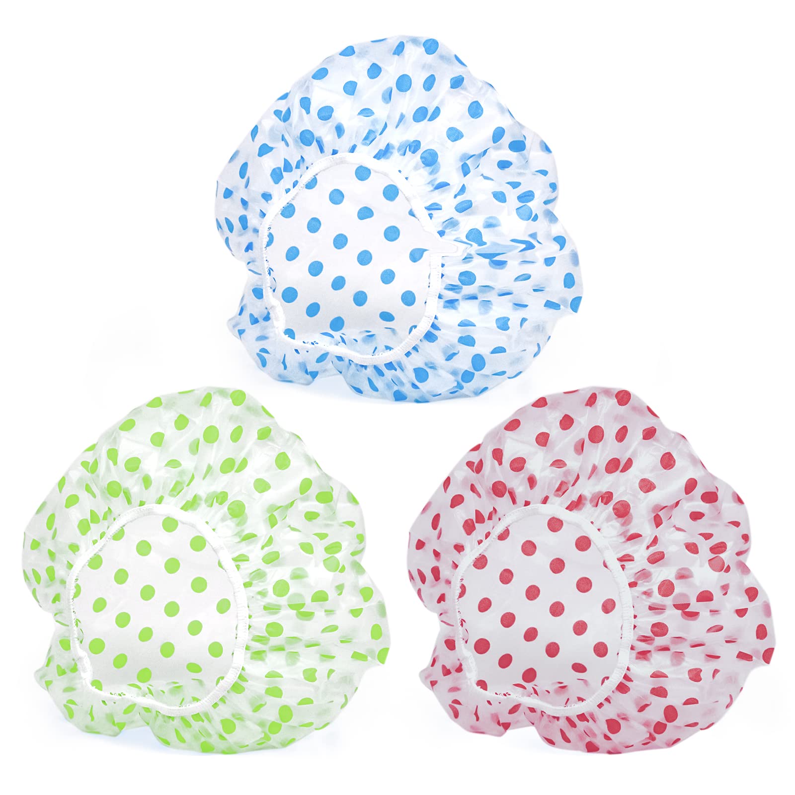 Fouews red dot-pattern shower cap protects hair during shower
