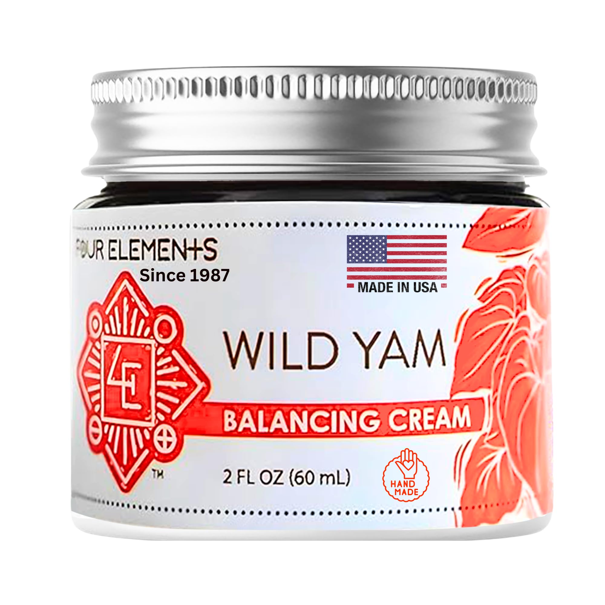 Four Elements 4E Wild Yam Balancing Cream jar highlights hormone balance potential.