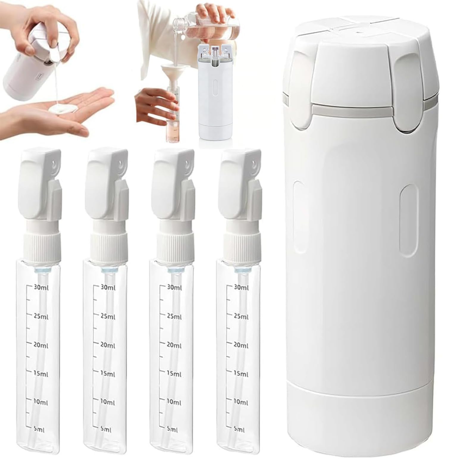 Four-in-one travel bottle set with 30ml pump enables precise on-the-go dispensing.